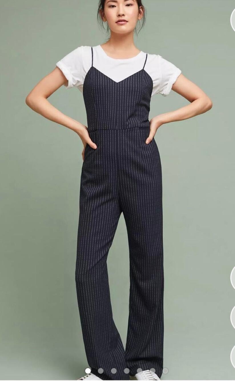 Anthropologie Essentials Navy Pinstripe Professional Workwear Jumpsuit
